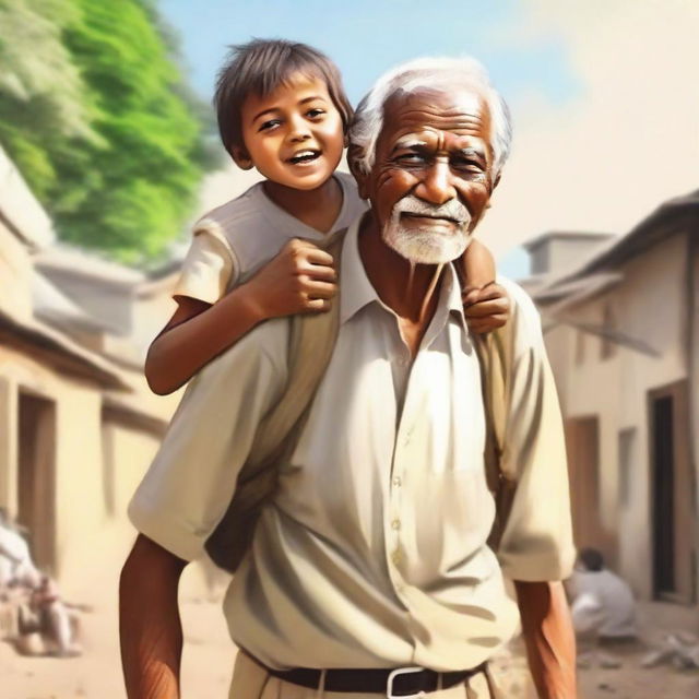 Depict a scene with an elderly man, filled with wisdom and warmth, carrying a joyful child on his shoulders.