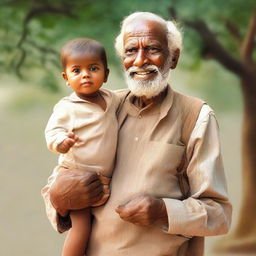 Depict a scene with an elderly man, filled with wisdom and warmth, carrying a joyful child on his shoulders.