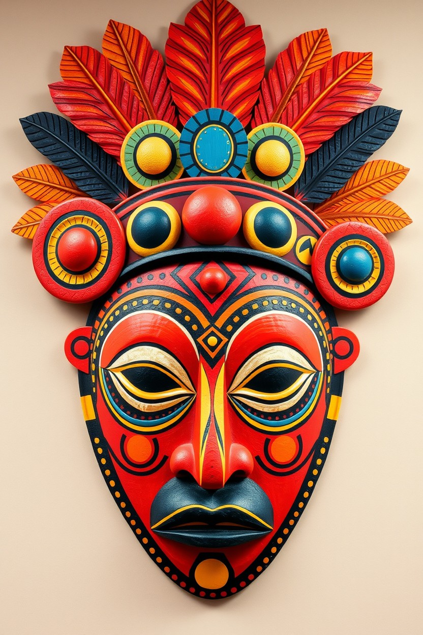A vibrant, stylized tribal mask featuring bold colors and intricate geometric shapes and patterns