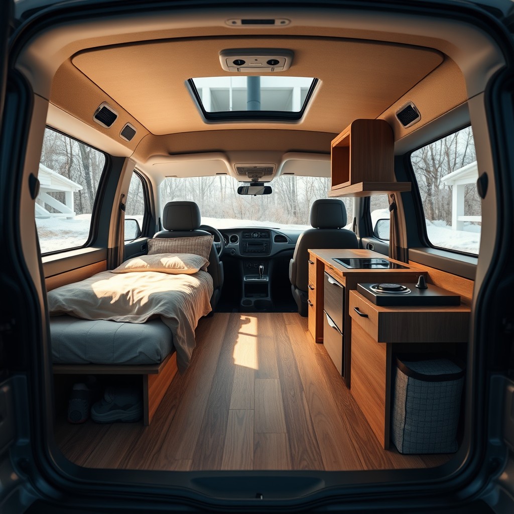 A conceptual design for a 2023 VW sedan transformed into a cozy, compact campervan interior