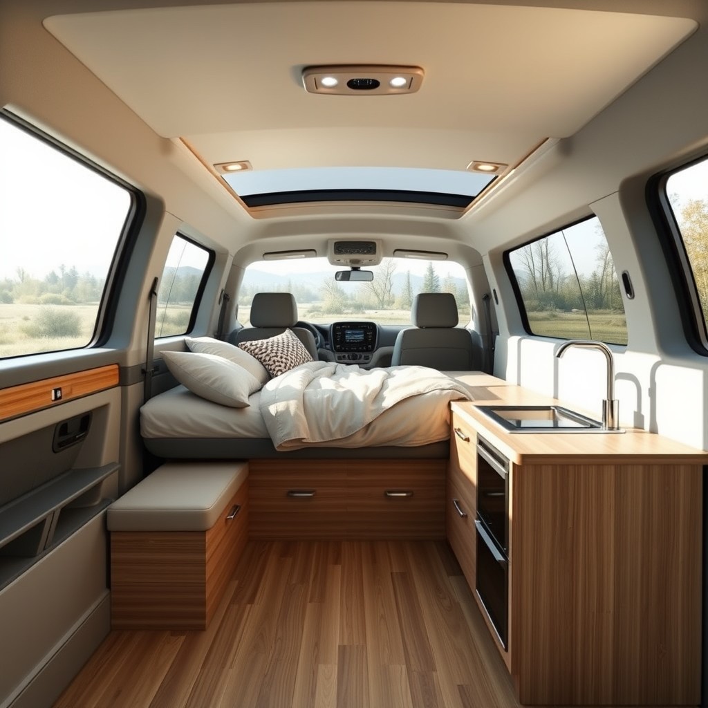 A unique and innovative interior design for a 2023 VW sedan repurposed as a campervan
