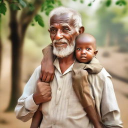 Depict a scene with an elderly man, filled with wisdom and warmth, carrying a joyful child on his shoulders.