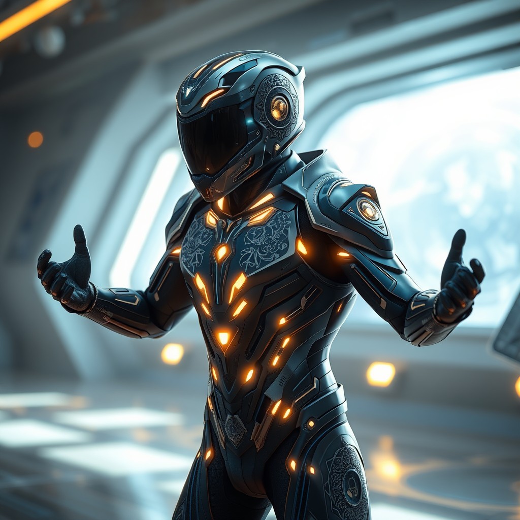A visually striking and futuristic power suit inspired by the concept of Enclave Da'at Yichud, incorporating intricate designs and symbolic elements