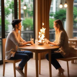 A teak wood dining chair with a natural color finish, resembling fire, positioned in a warm cafe during dinner with a friend enjoying the meal.