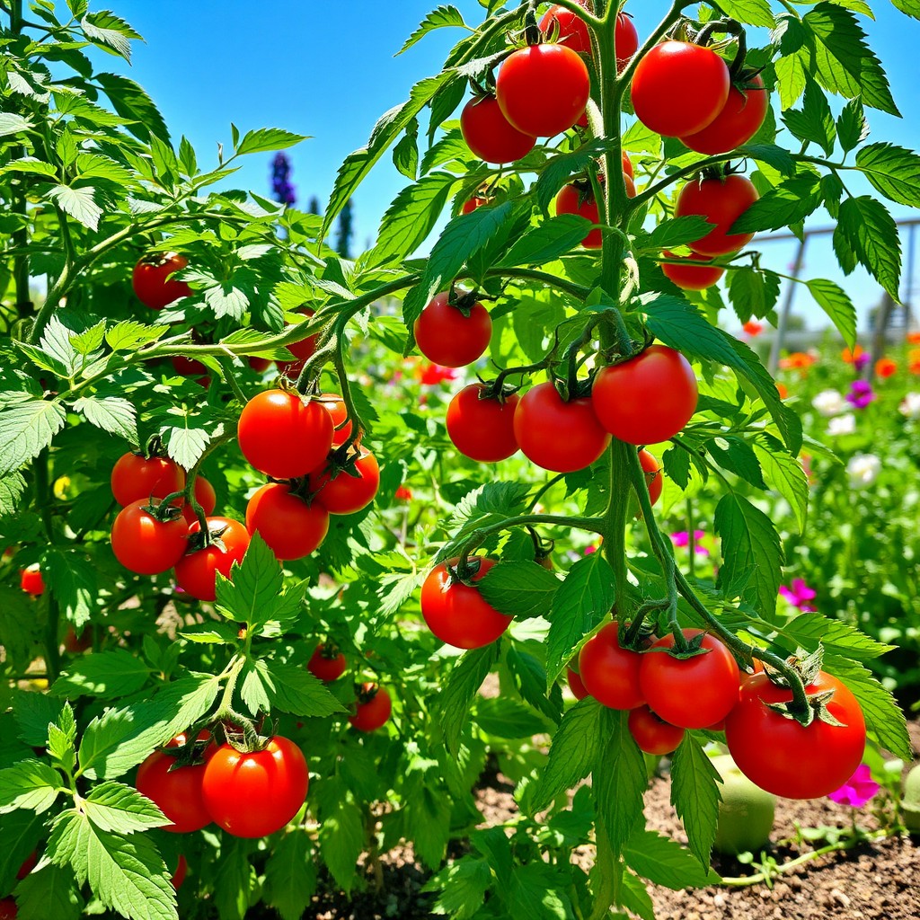 A vibrant garden scene featuring tomato plants with lush green leaves