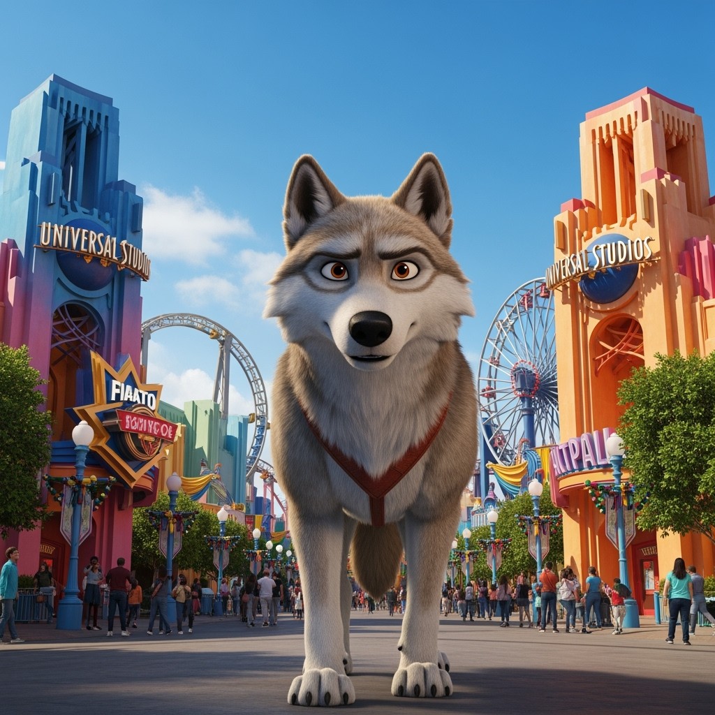 A captivating scene featuring Balto, the iconic wolfdog from the animated movie, set within a vibrant Universal Studios theme park
