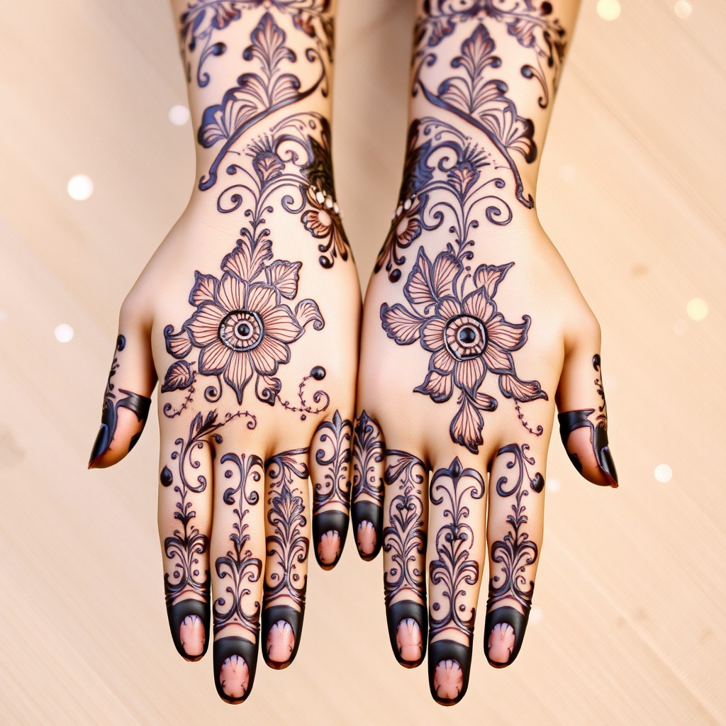 A beautiful henna design featuring intricate patterns in a deep, rich brown color