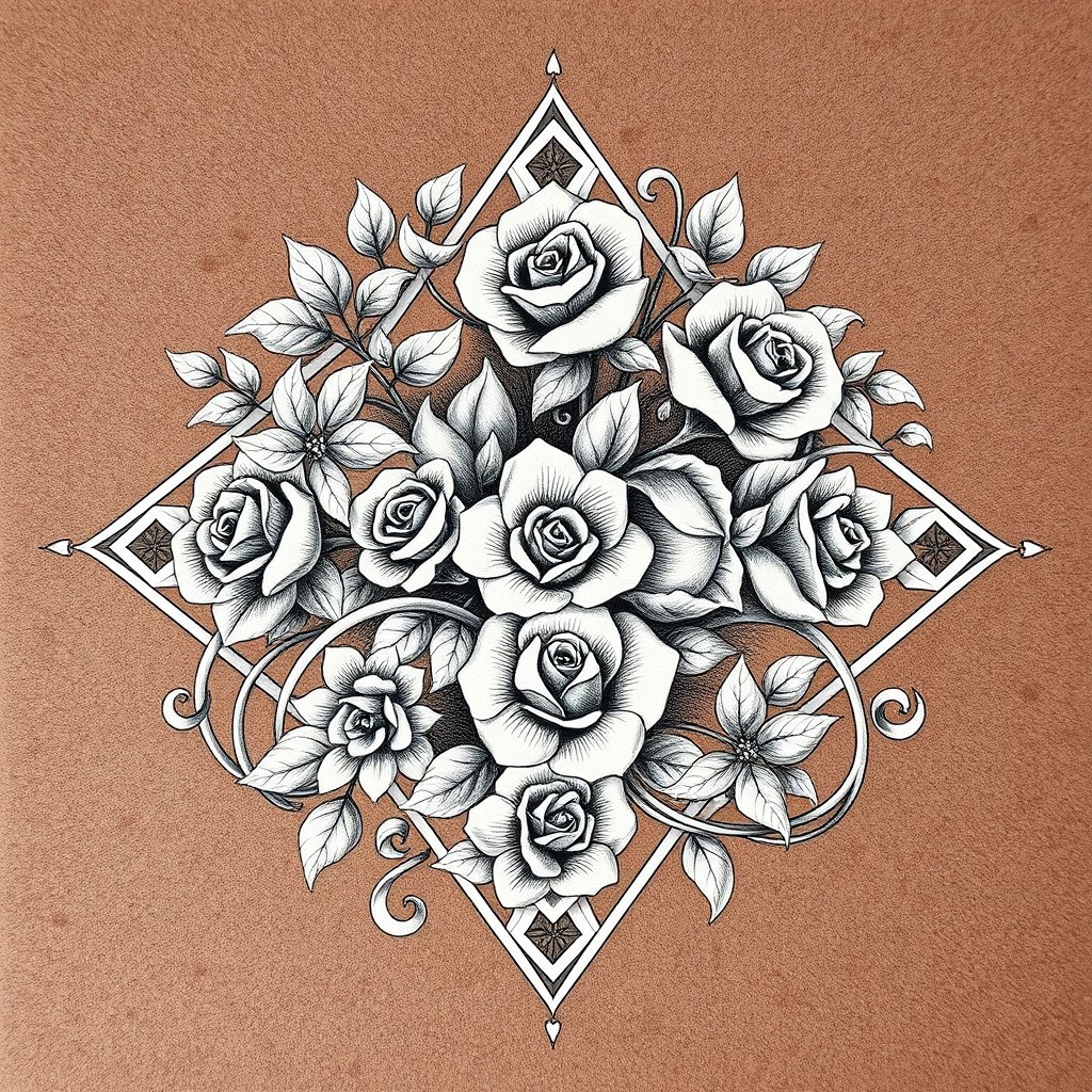 An intricate and detailed engraving showcasing a medley of floral and geometric patterns