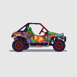 A side view of a 2D pixel art buggy, featuring a creative and imaginative design without wheels