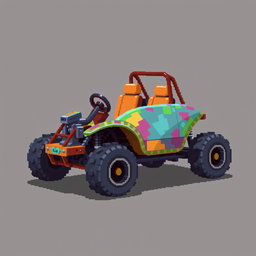 A side view of a 2D pixel art buggy, featuring a creative and imaginative design without wheels