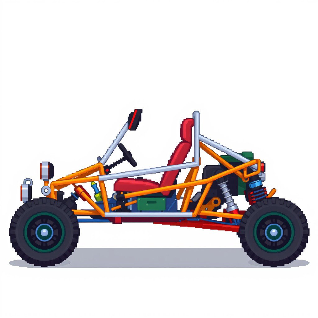 A side view of a 2D pixel art buggy, designed without wheels and featuring no background