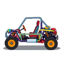 A side view of a 2D pixel art buggy, designed without wheels and featuring no background