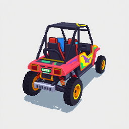 A side view of a 2D pixel art buggy, designed creatively without wheels and set against a transparent background