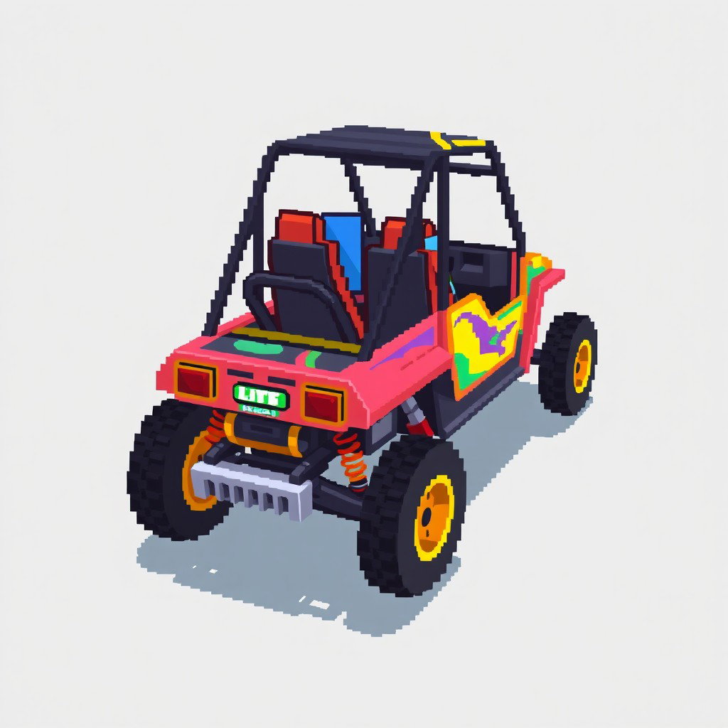 A side view of a 2D pixel art buggy, designed creatively without wheels and set against a transparent background