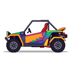 A side view of a 2D pixel art buggy, designed creatively without wheels and set against a transparent background