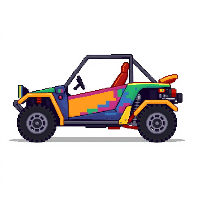A side view of a 2D pixel art buggy, designed creatively without wheels and set against a transparent background