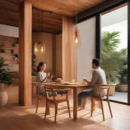 A teak wood dining chair with a natural color finish, resembling fire, positioned in a warm cafe during dinner with a friend enjoying the meal.