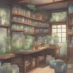 A 2D hand-drawn animation in the style of Studio Ghibli, featuring an East Asian-inspired apothecary