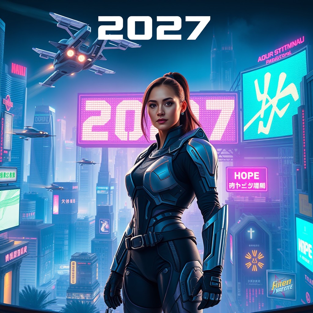 A futuristic movie poster for a sci-fi film set in the year 2027, featuring a vast metropolis illuminated by neon lights, with flying cars zooming through the sky