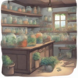 A 2D hand-drawn animation in the style of Studio Ghibli, featuring an East Asian-inspired apothecary