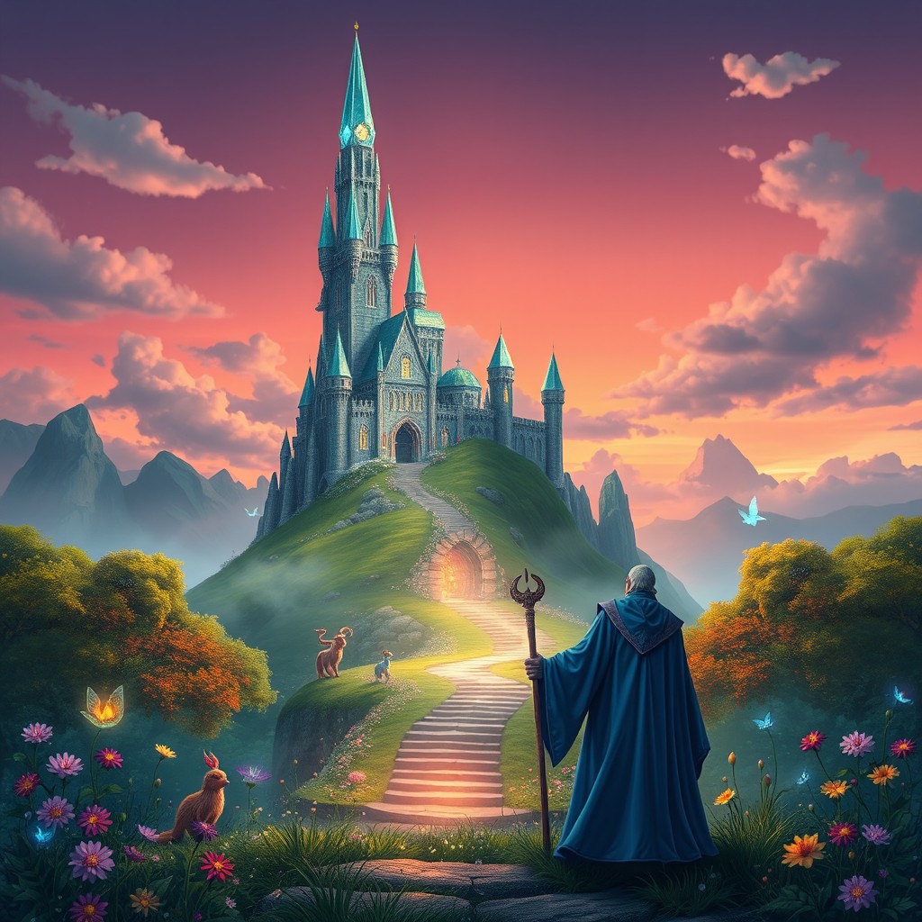 A mystical scene depicting a fantastical realm where a tall, majestic castle made of shimmering crystals sits atop a green hill, surrounded by a lush enchanted forest filled with vibrant magical creatures and glowing flowers