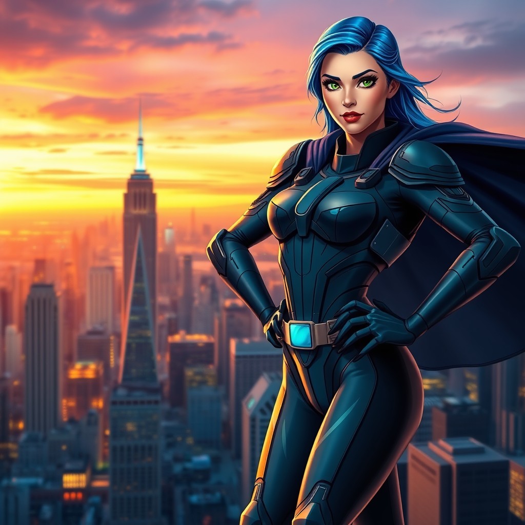 A stylized portrait of a female superhero in a sleek, armored costume