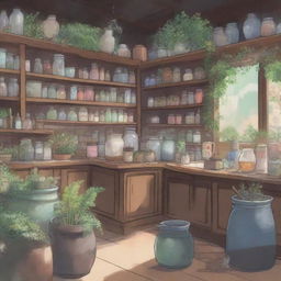 A 2D hand-drawn animation in the style of Studio Ghibli, featuring an East Asian-inspired apothecary