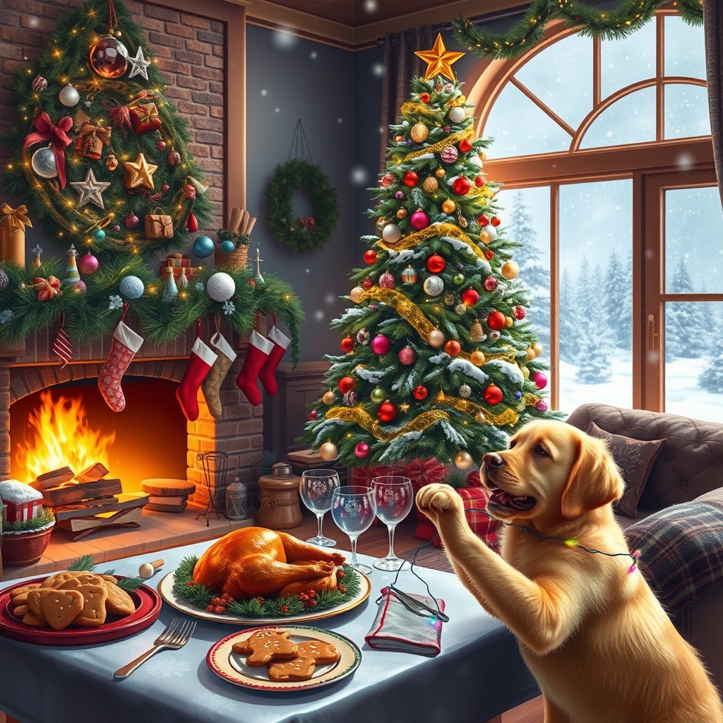 A magical Christmas scene depicting a beautifully decorated living room with a towering Christmas tree adorned with colorful ornaments and twinkling lights