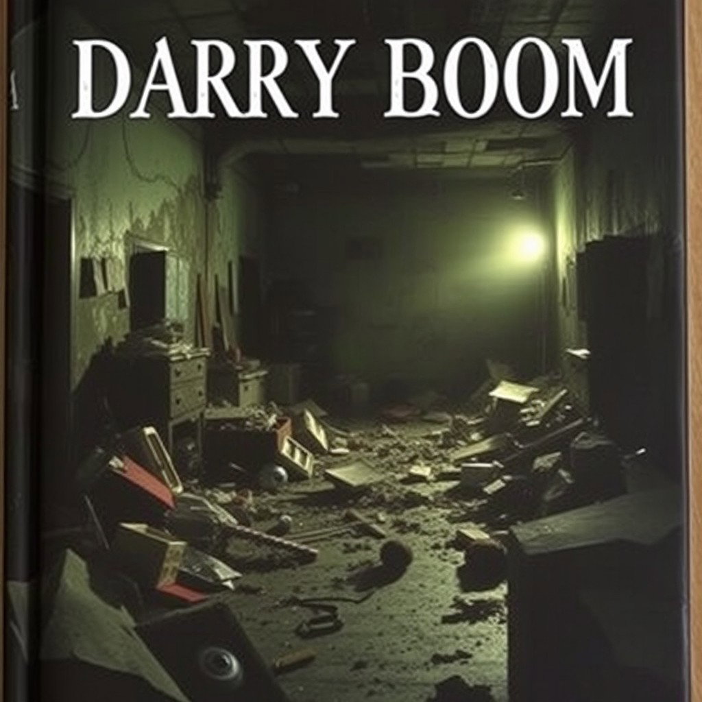 A book cover featuring a dimly lit and chaotic room, filled with scattered trash and various objects