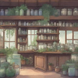 A 2D hand-drawn animation in the style of Studio Ghibli, featuring an East Asian-inspired apothecary