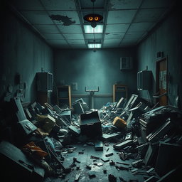 A book cover featuring a dimly lit and chaotic room, filled with scattered trash and various objects