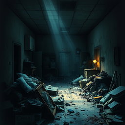 A book cover featuring a dimly lit and chaotic room, filled with scattered trash and various objects