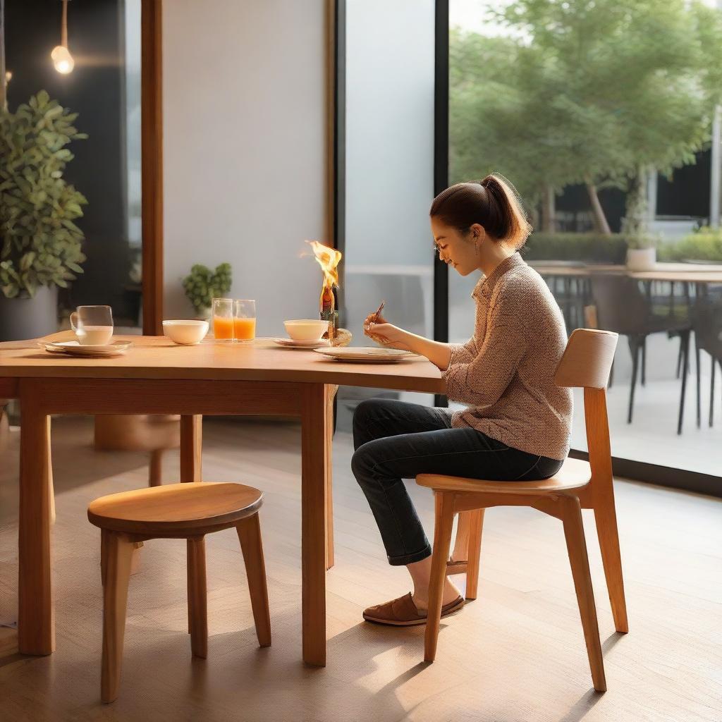 A teak wood dining chair with a natural color finish, resembling fire, positioned in a warm cafe during dinner with a friend enjoying the meal.