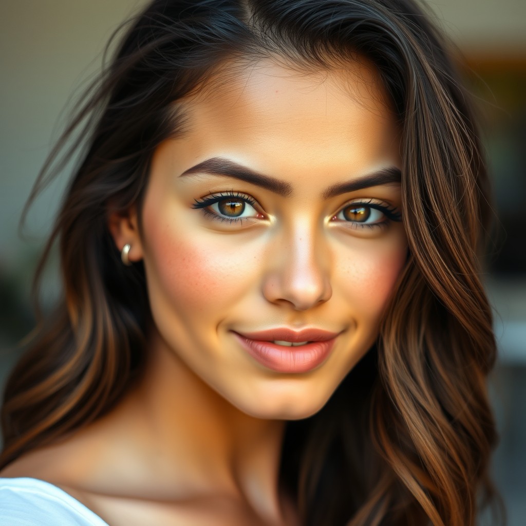 A stunningly realistic 19-year-old Latina woman with wavy brown hair, showcasing her natural imperfections on her face, such as freckles and subtle blemishes