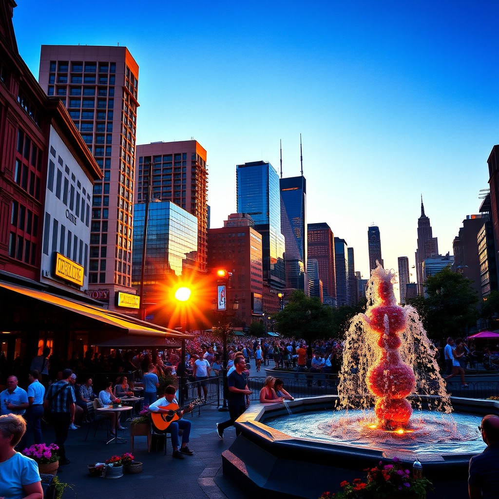 A vibrant city skyline during sunset, with skyscrapers reflecting orange and pink hues