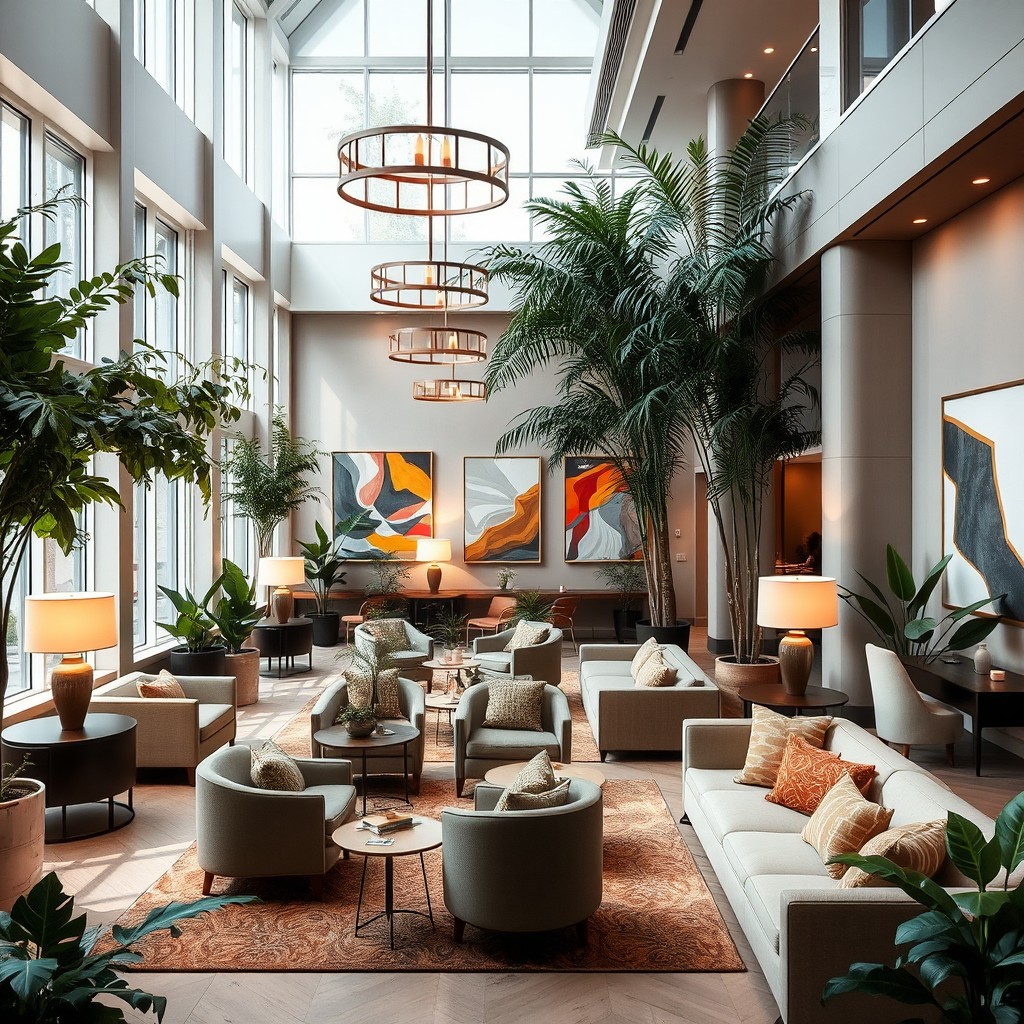 A beautifully designed interior space, featuring contemporary furniture, elegant lighting fixtures, and lush greenery