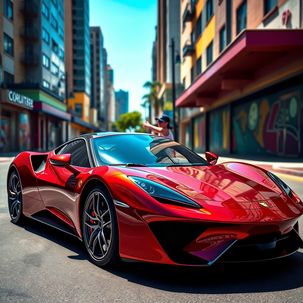 A sleek and modern sports car parked on a vibrant street