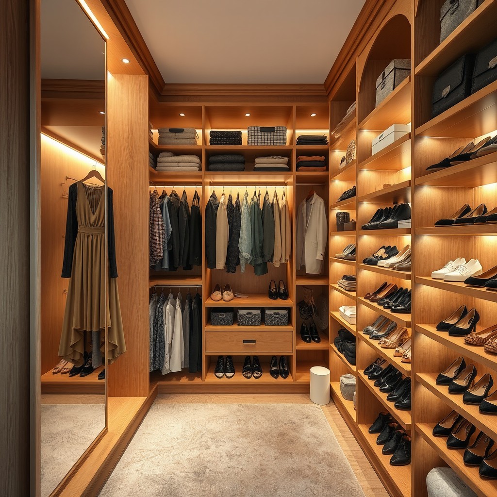 A beautifully designed closet featuring elegant wooden shelves filled with a diverse collection of clothes, shoes, and accessories