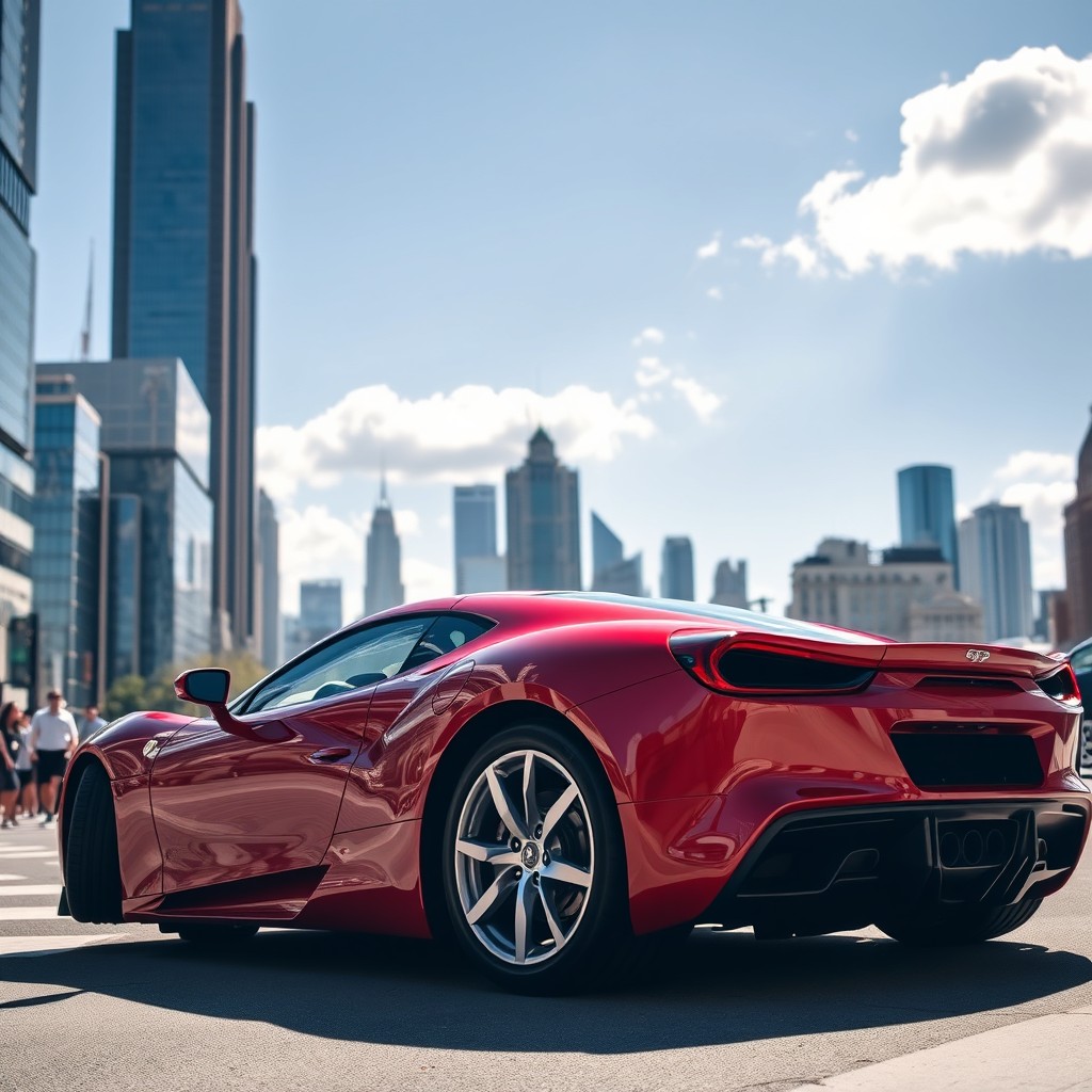 A sleek, modern sports car with a glossy red finish, parked in a sunlit city street