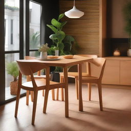 A teak wood dining chair with a natural color finish, resembling fire, positioned in a warm cafe during dinner with a friend enjoying the meal.