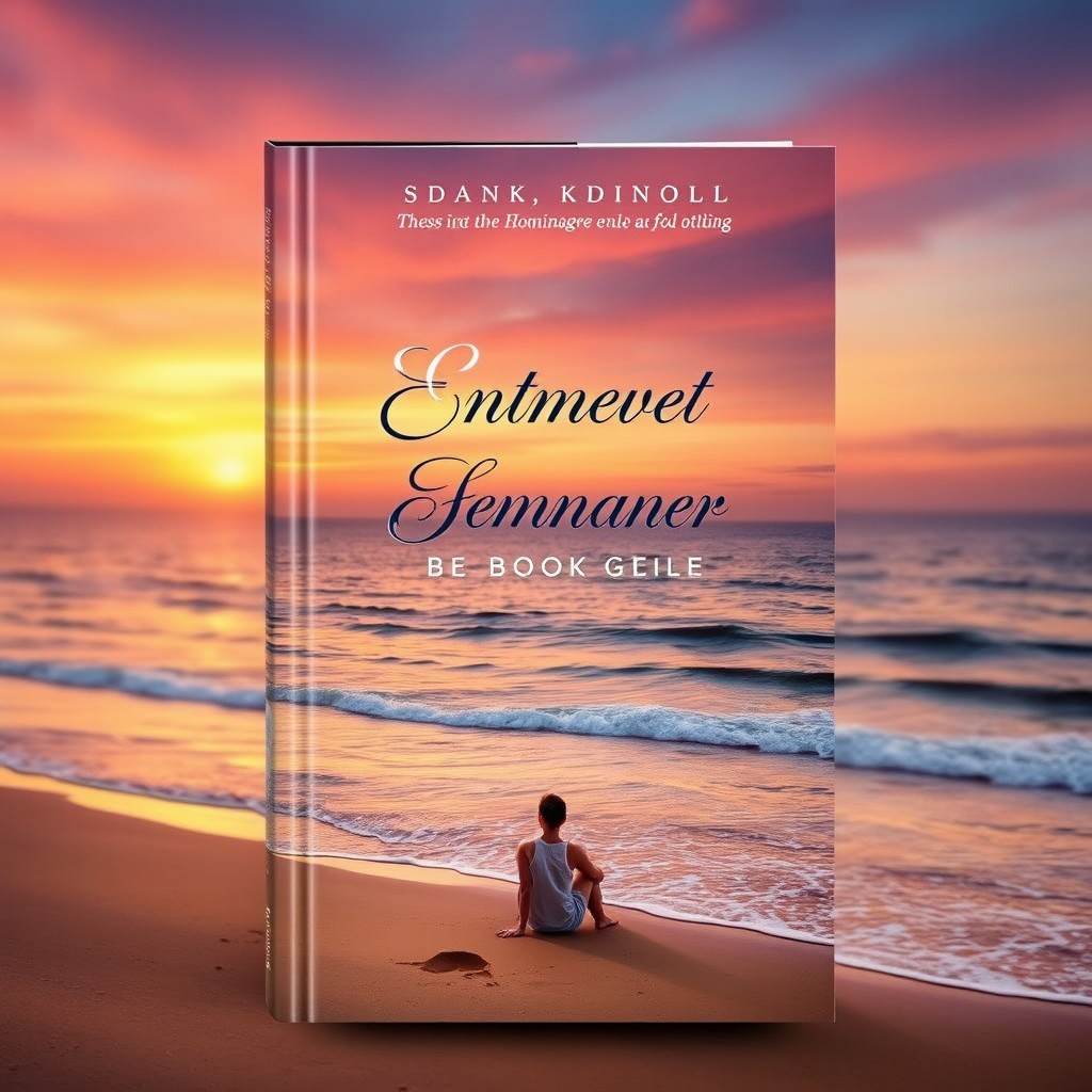 A captivating book cover design featuring a serene beach at sunset, with gentle waves lapping at the shore and a colorful sky painted in shades of orange, pink, and purple