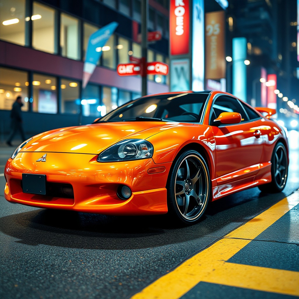 A stunning 2003 Mitsubishi Eclipse in a radiant pearlescent orange color, showcasing its sleek aerodynamic design