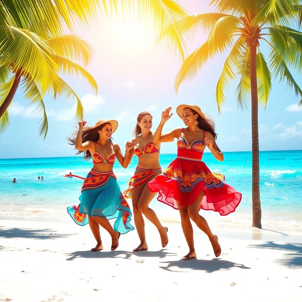 A vibrant scene of Cuban beach dancers enjoying a lively dance under the bright sun at a beautiful tropical beach