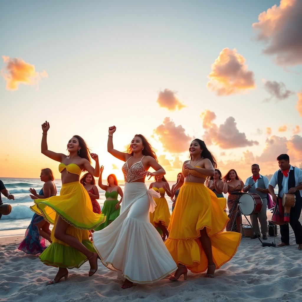 A vibrant scene of Cuban dancers celebrating on a beautiful beach, showcasing traditional Latin dance styles with rhythmic energy