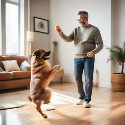 A happy man playing fetch with his lively dog in a cozy, well-lit living room.