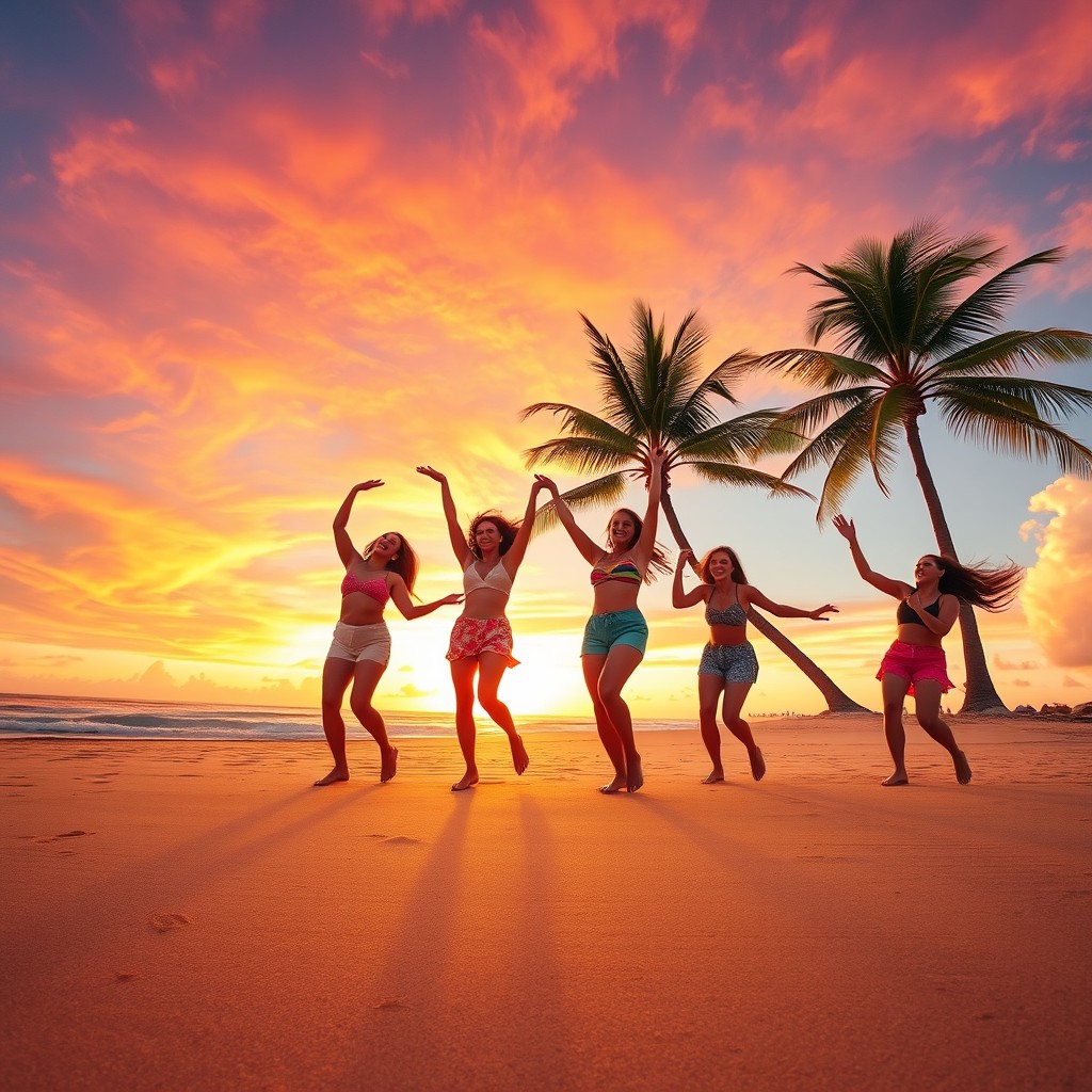 A group of friends joyfully dancing on a sunny beach during sunset, with golden sands stretching out and gentle waves lapping at their feet