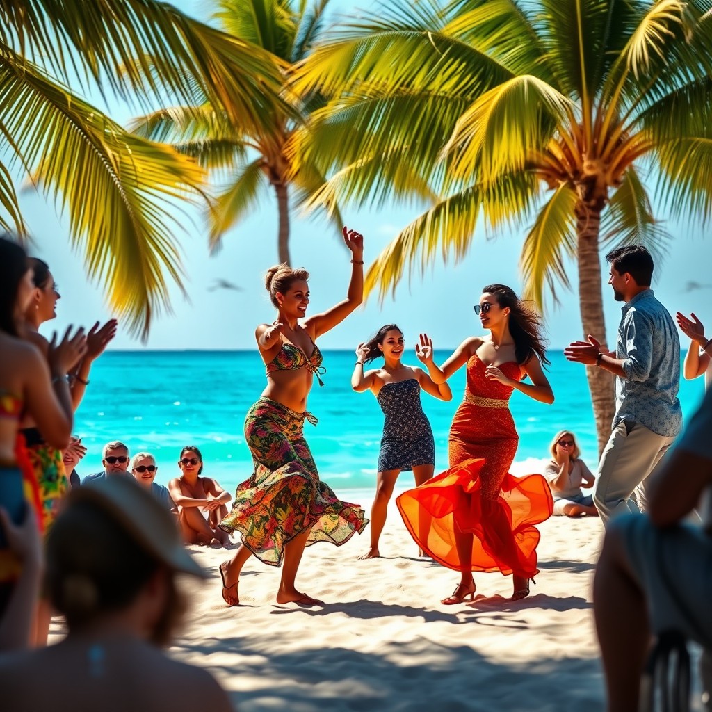 A lively Latin beach dance scene featuring dancers energetically showcasing traditional Latin dance moves on a sunlit beach