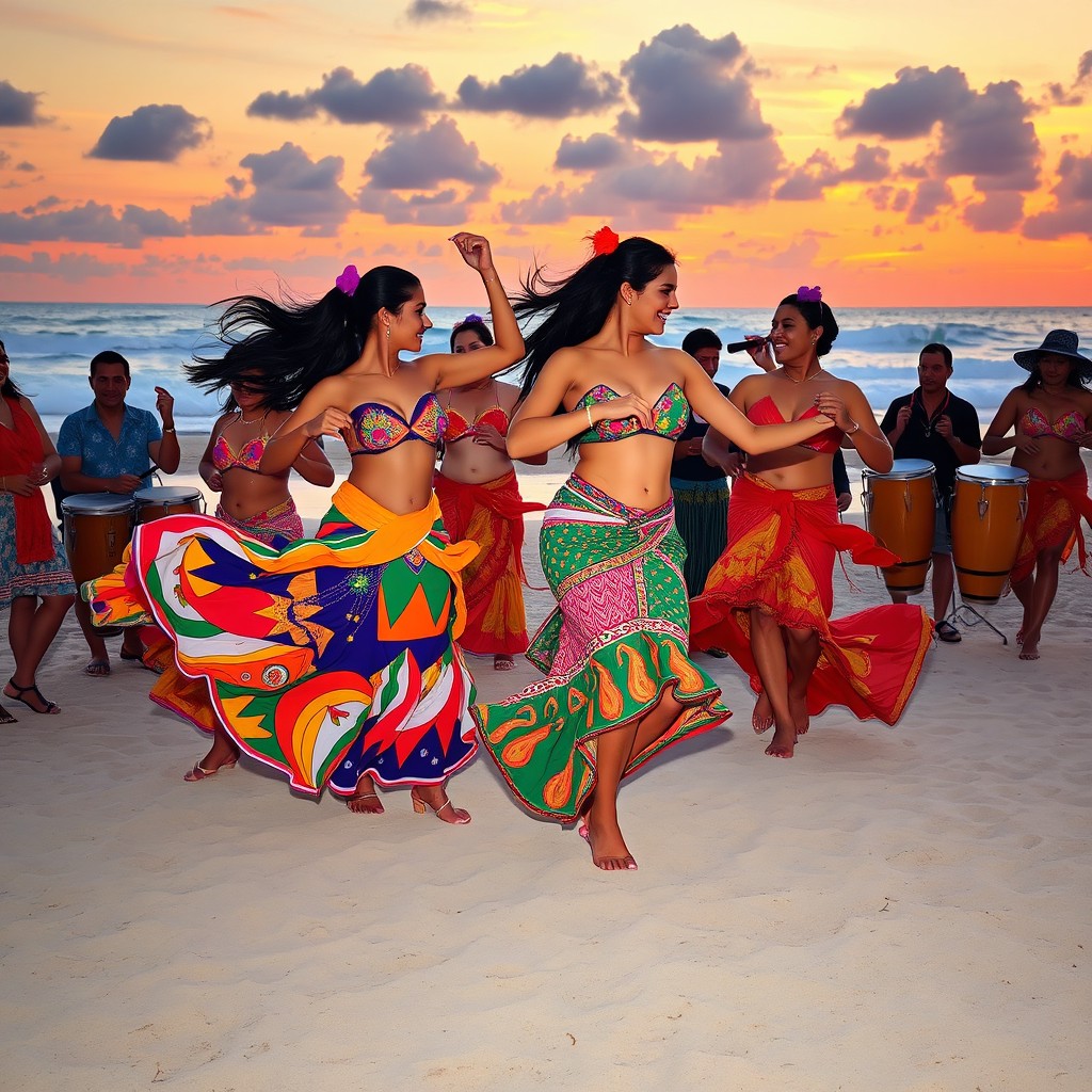 A vibrant scene of Latin beach dancers elegantly performing on a sandy beach during sunset