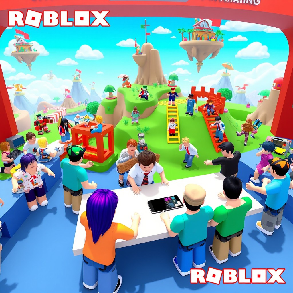 A vibrant and engaging Roblox training session taking place in a colorful virtual environment filled with iconic Roblox characters
