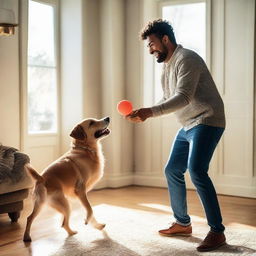 A happy man playing fetch with his lively dog in a cozy, well-lit living room.